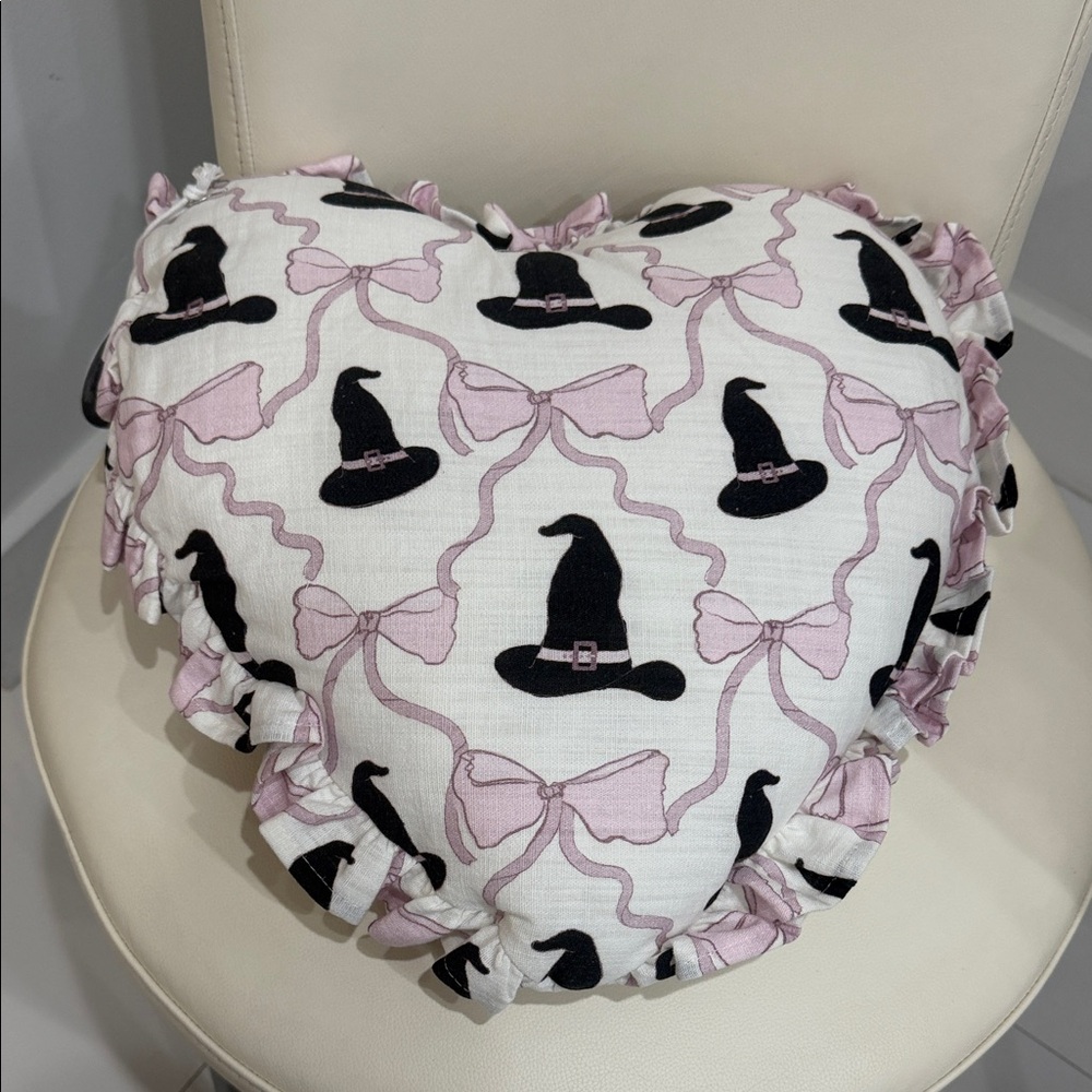 Full Moon Home Witch Hat & Bows White/Pink/Black Heart-Shaped Holiday Pillow